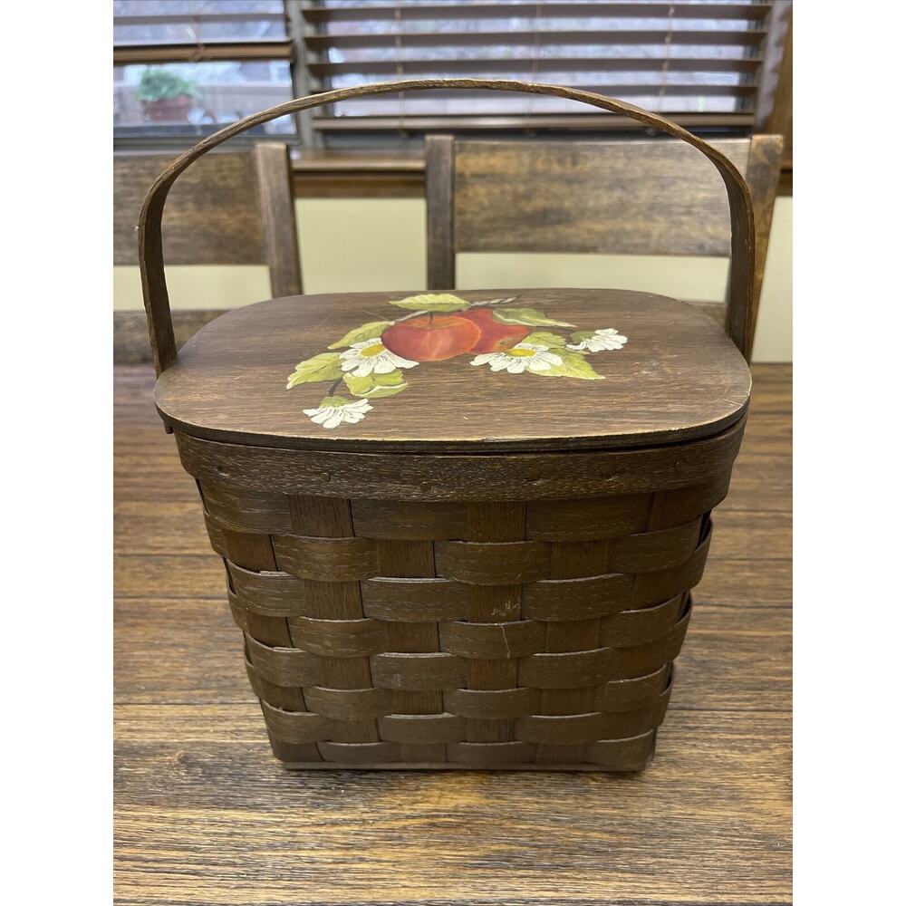 Vintage Wood Weave Handled Basket Fabric Picnic Sewing Purse Painted Apples
